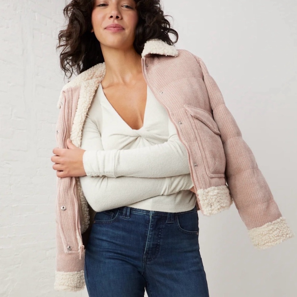 NEW UpWest Corduroy Sherpa Bomber Jacket Blush/Cream/Built in Backpack Straps Lg